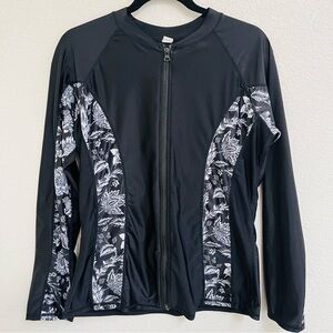 UPF 50+ Rash Guard Zip Swim Top Black Floral Long Sleeve XL